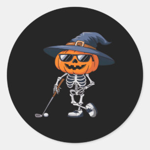 Skeleton Golf Halloween Pumpkin Golfing Golfer Tee Classic Round Sticker