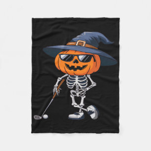 Skeleton Golf Halloween Pumpkin Golfing Golfer Tee Fleece Blanket