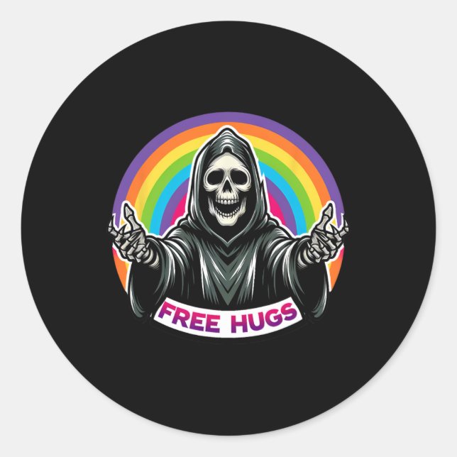Skeleton Grim Reaper Halloween Funny Rainbow Free  Classic Round Sticker (Front)