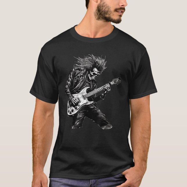 Skeleton Guitar Guy Rock And Roll Band Rock On  T-Shirt (Front)