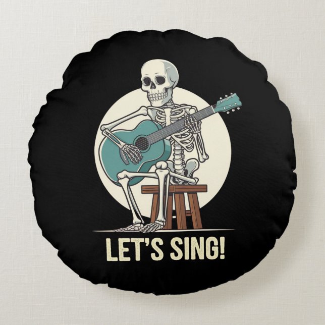 Skeleton Guitar – “Let’s Sing!” Musical Skeleton  Round Cushion (Front)