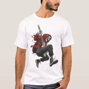 Skeleton Guitarist in Red Hoodie Rock T-Shirt