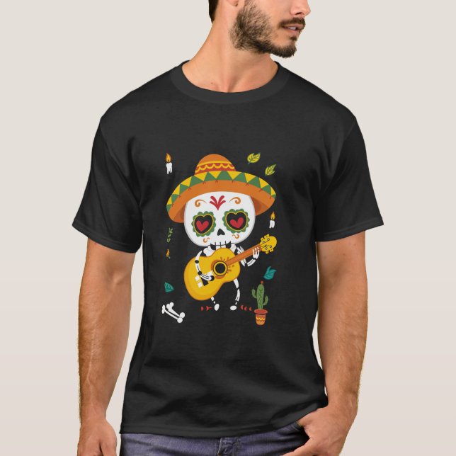 Skeleton Guitarist Sugar Skull Music Dia De Los Mu T-Shirt (Front)