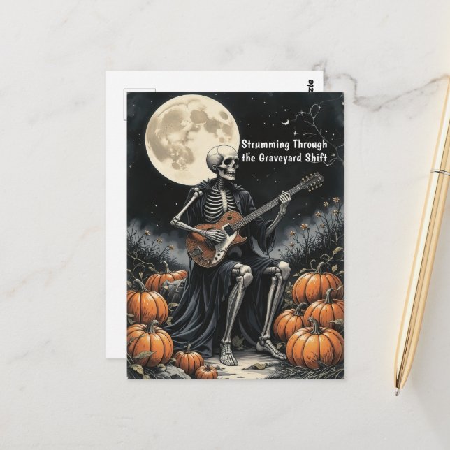Skeleton Guitarist Under Full Moon with Pumpkins  Postcard (Front/Back In Situ)