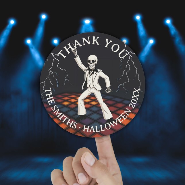 Skeleton Halloween Disco Party Thank You Classic Round Sticker (Skeleton Halloween Disco Party Thank You Classic Round Sticker)