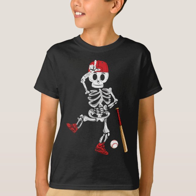 Skeleton Halloween Funny Skeleton Baseball Playing T-Shirt (Front)