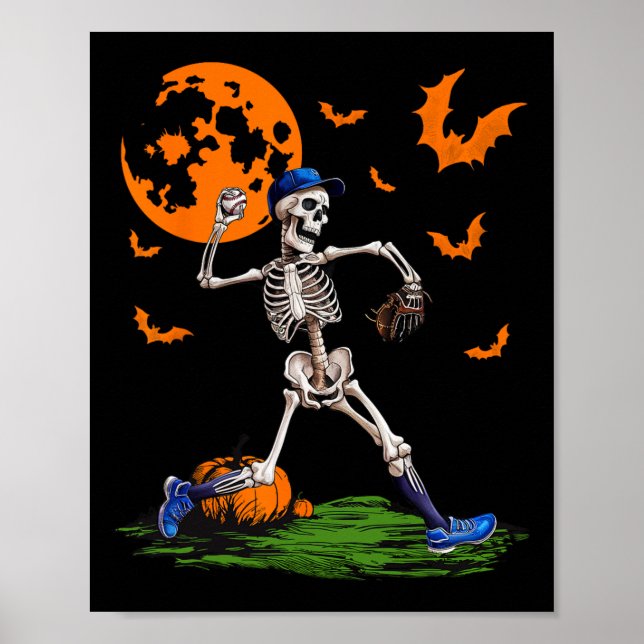 Skeleton Halloween Men Boys Baseball Spooky Season Poster (Front)