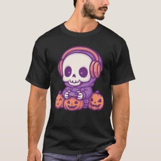 Skeleton Halloween Skull Gamer Spooky Pumpkin game T-Shirt