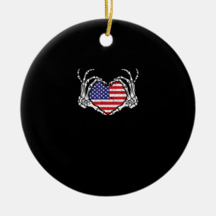 Skeleton Hand Heart 4th Of American Flag Patriotic Ceramic Ornament