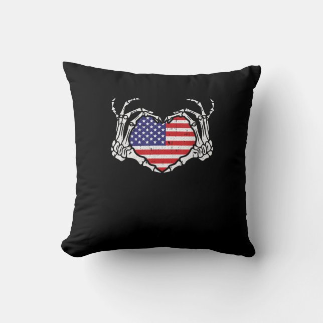 Skeleton Hand Heart 4th Of American Flag Patriotic Cushion (Front)
