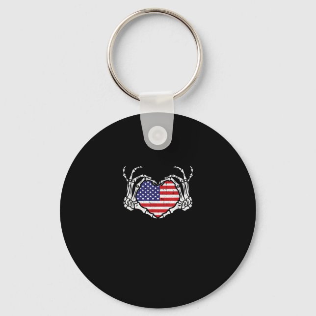 Skeleton Hand Heart 4th Of American Flag Patriotic Key Ring (Front)