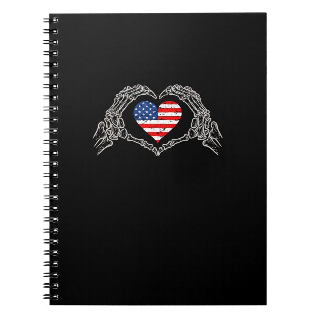 Skeleton Hand Heart 4th Of American Flag Patriotic Notebook (Front)