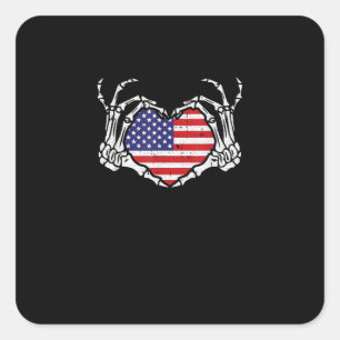 Skeleton Hand Heart 4th Of American Flag Patriotic Square Sticker