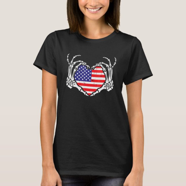 Skeleton Hand Heart 4th Of July Love American Flag T-Shirt (Front)