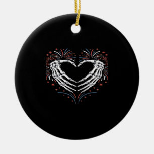 Skeleton Hand Heart 4th Of Usa Patriotic American Ceramic Ornament