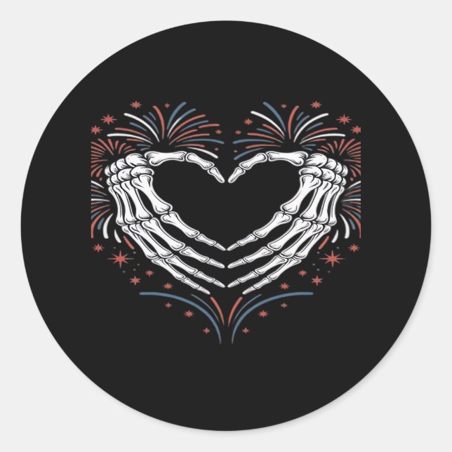 Skeleton Hand Heart 4th Of Usa Patriotic American Classic Round Sticker (Front)