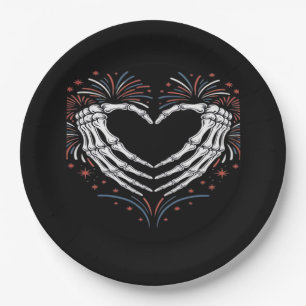 Skeleton Hand Heart 4th Of Usa Patriotic American Paper Plate