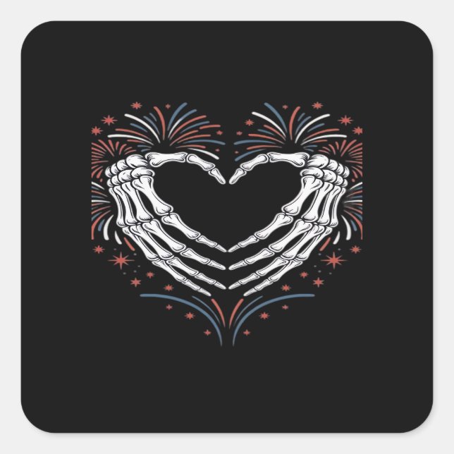 Skeleton Hand Heart 4th Of Usa Patriotic American Square Sticker (Front)