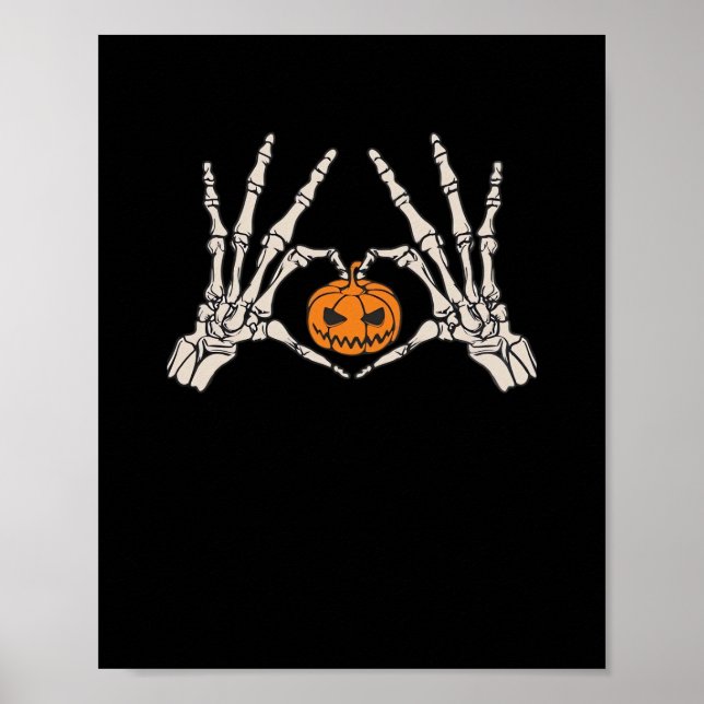 Skeleton Hand Heart And Pumpkin Funny Skull Hallow Poster (Front)