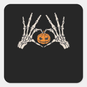 Skeleton Hand Heart And Pumpkin Funny Skull Hallow Square Sticker