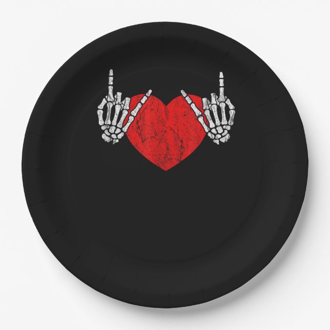 Skeleton Hand Heart And Roll, Valentines Halloween Paper Plate (Front)