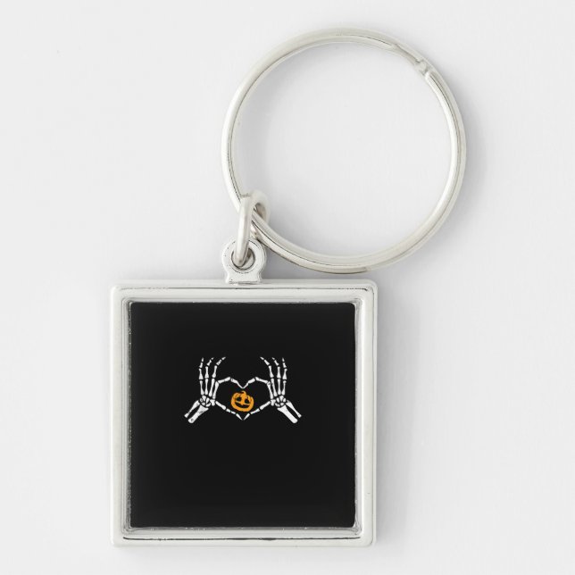 Skeleton Hand Heart Halloween Costume Pumpkin Key Ring (Front)