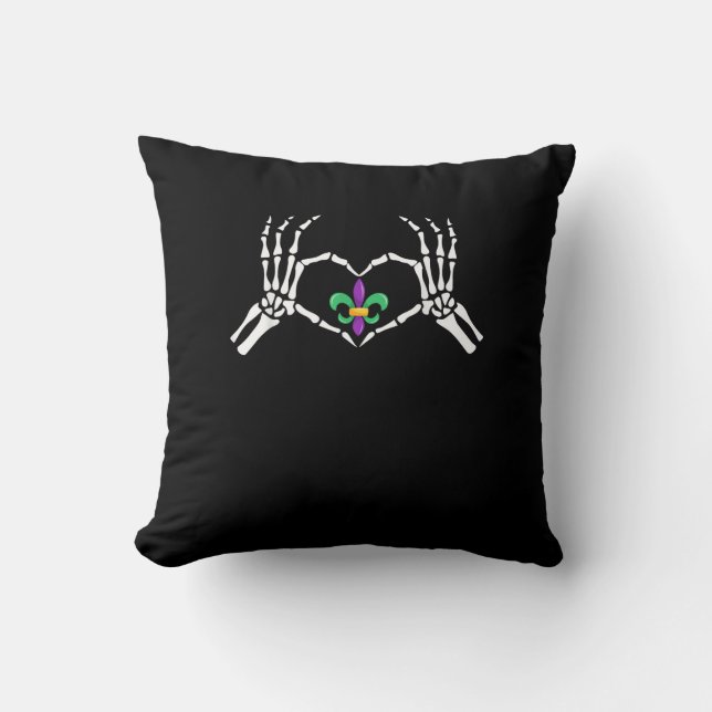 Skeleton Hand Heart Mardi Gras Cushion (Front)