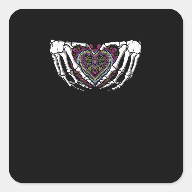 Skeleton Hand Heart Muertos Mexican Day Of Dead Square Sticker (Front)