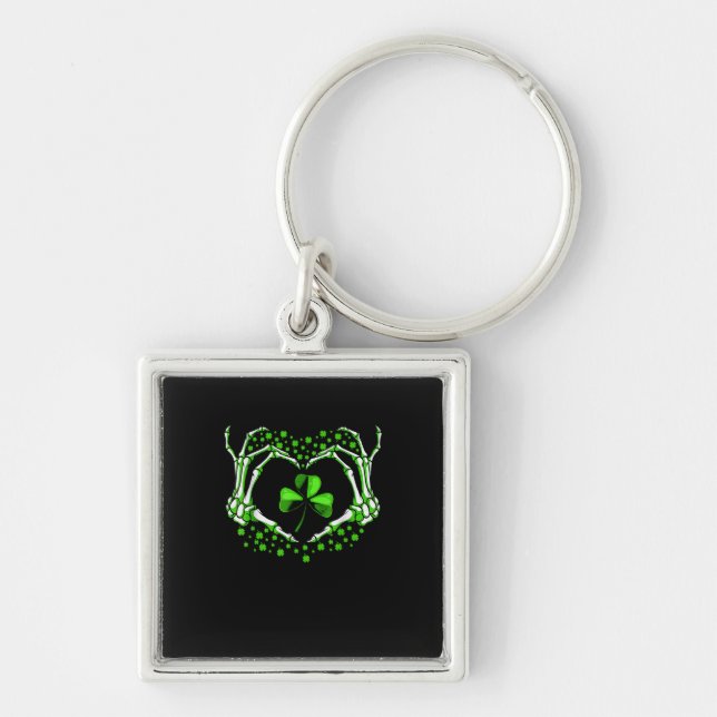 Skeleton Hand Heart Shamrock St Patricks Day Paddy Key Ring (Front)