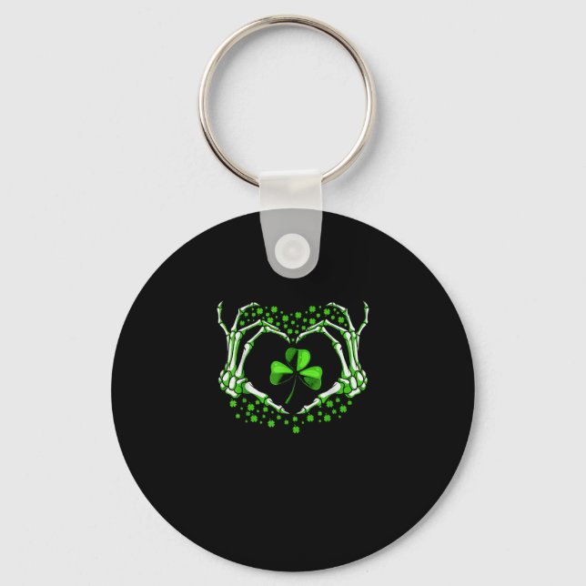 Skeleton Hand Heart Shamrock St Patricks Day Paddy Key Ring (Front)
