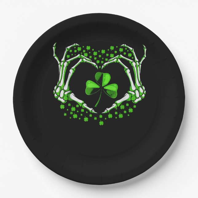 Skeleton Hand Heart Shamrock St Patricks Day Paddy Paper Plate (Front)