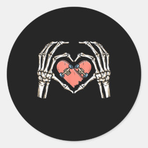 Skeleton Hand Heart Skateboard Valentines Day Funn Classic Round Sticker