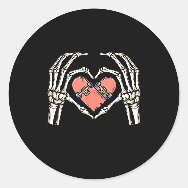 Skeleton Hand Heart Skateboard Valentines Day Funn Classic Round Sticker (Front)