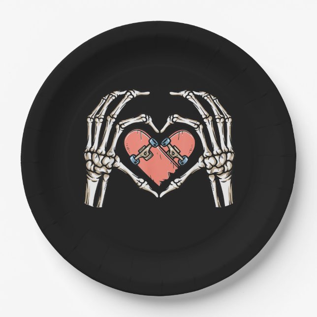 Skeleton Hand Heart Skateboard Valentines Day Funn Paper Plate (Front)