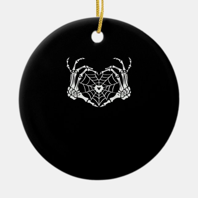 Skeleton Hand Heart Spiderweb Halloween Cobweb Par Ceramic Ornament (Front)