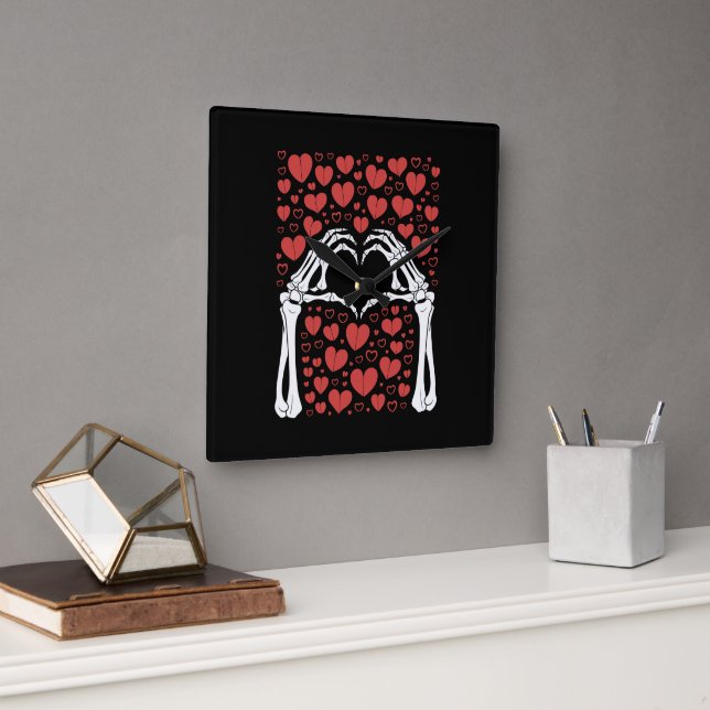 Skeleton Hand Heart Valentines Day Funny Love Square Wall Clock (Office)