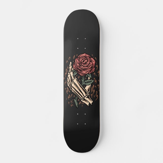 Skeleton Hand Holding Rose Flower Gothic Floral Skateboard (Front)
