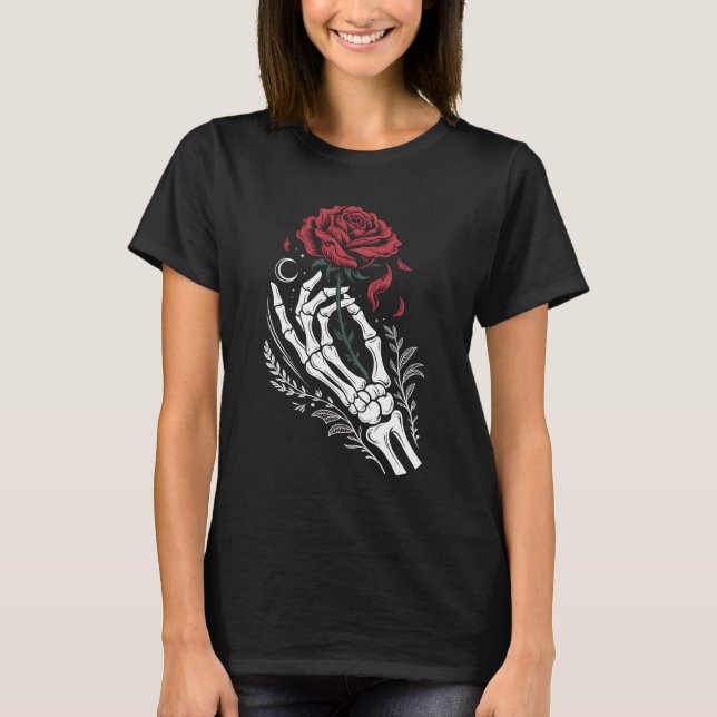 Skeleton Hand Holding Rose Gothic T-Shirt for Dark (Front)