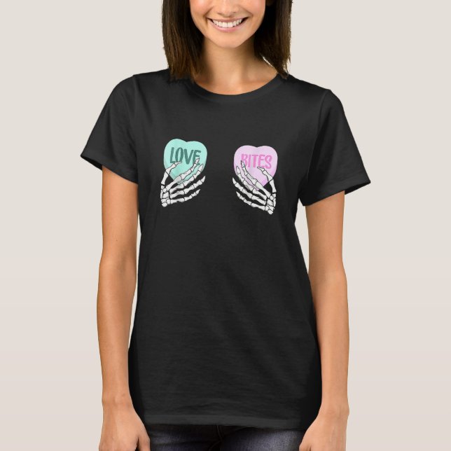Skeleton Hand Love Bites Heart Funny Couple Valent T-Shirt (Front)