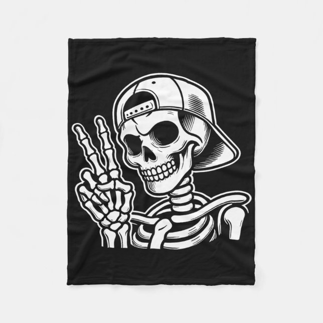 Skeleton Hand Peace Sign Retro Halloween Skeleton  Fleece Blanket (Front)