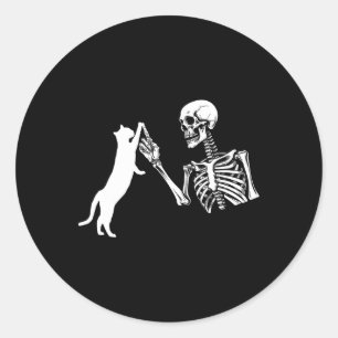 Skeleton Hand Playing Cat Fun Halloween Costume Sk Classic Round Sticker