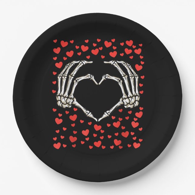 Skeleton Hand Red Heart Birthday Valentines Day Paper Plate (Front)