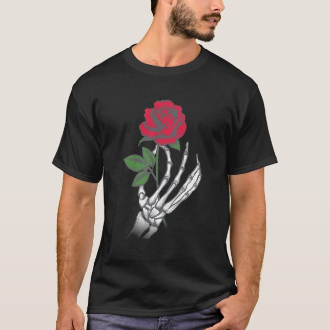 Skeleton Hand Red Rose Flower T-Shirt (Front)