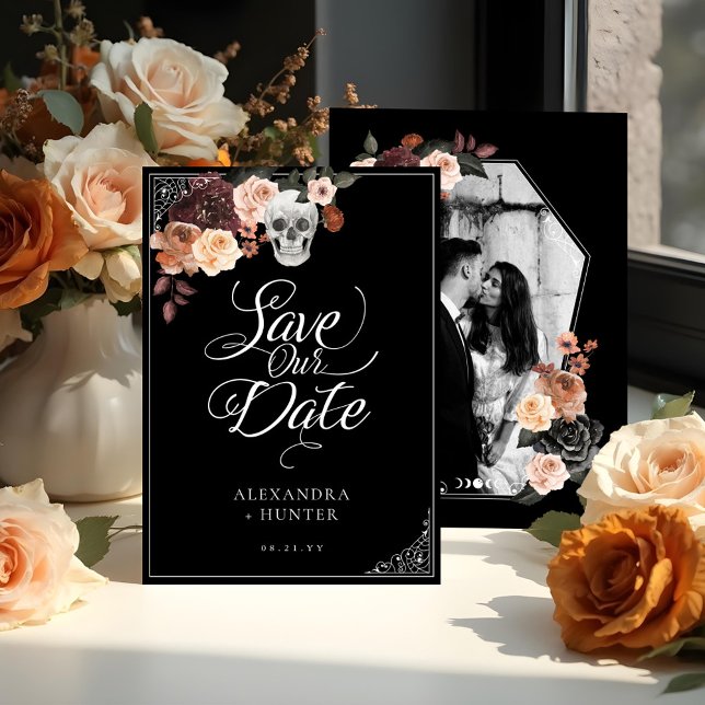 Skeleton Hand Ring Goth Fall Wedding Save the Date Invitation (Skeleton Hand Ring Goth Fall Wedding Save the Date Invitation - Front & Back)