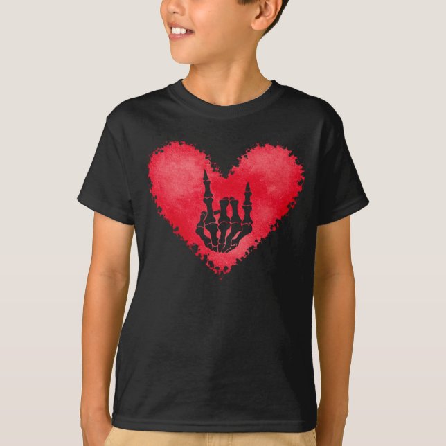 Skeleton Hand Rock Signs Of Horns Heart Valentines T-Shirt (Front)