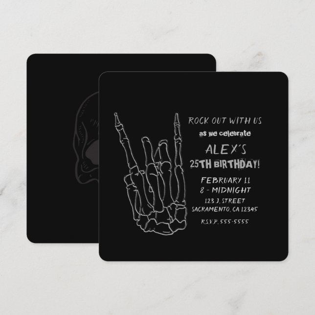 Skeleton Hand Rock Star Black Birthday Party Invitation (Front/Back)