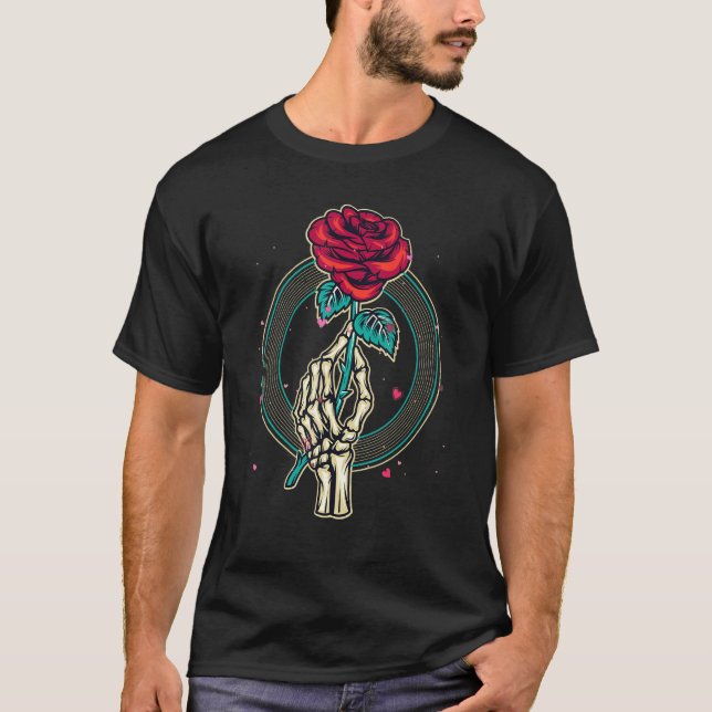 Skeleton Hand Rose Red Flower Gothic Tattoo Skull  T-Shirt (Front)