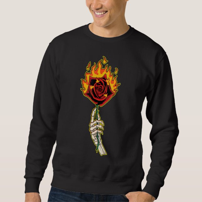 Skeleton Hand With Rose Flower On Fire Sweatshirt (Front)