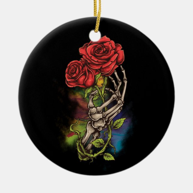 Skeleton Hand With Rose Flower tattoo Artwork Ceramic Ornament (Front)