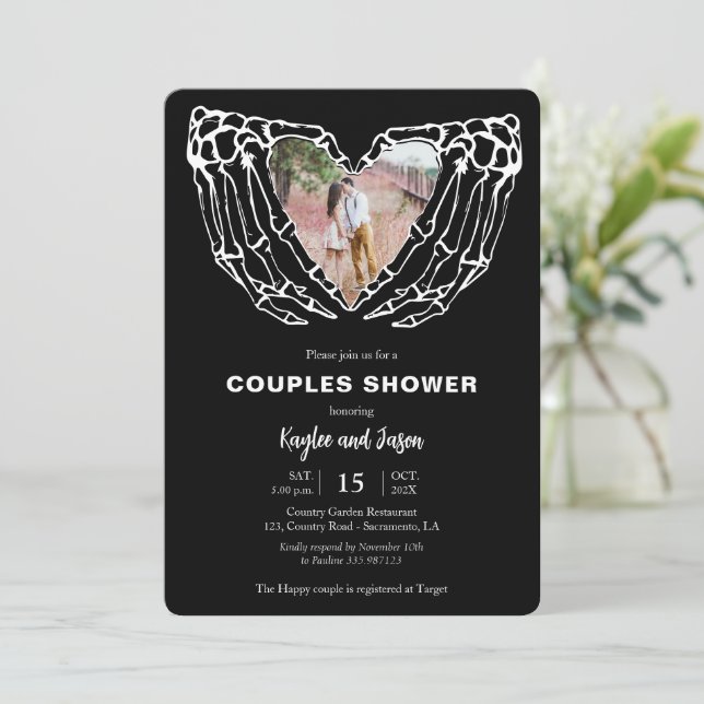 Skeleton Hands Couples Shower Gothic Photo Invitation (Standing Front)